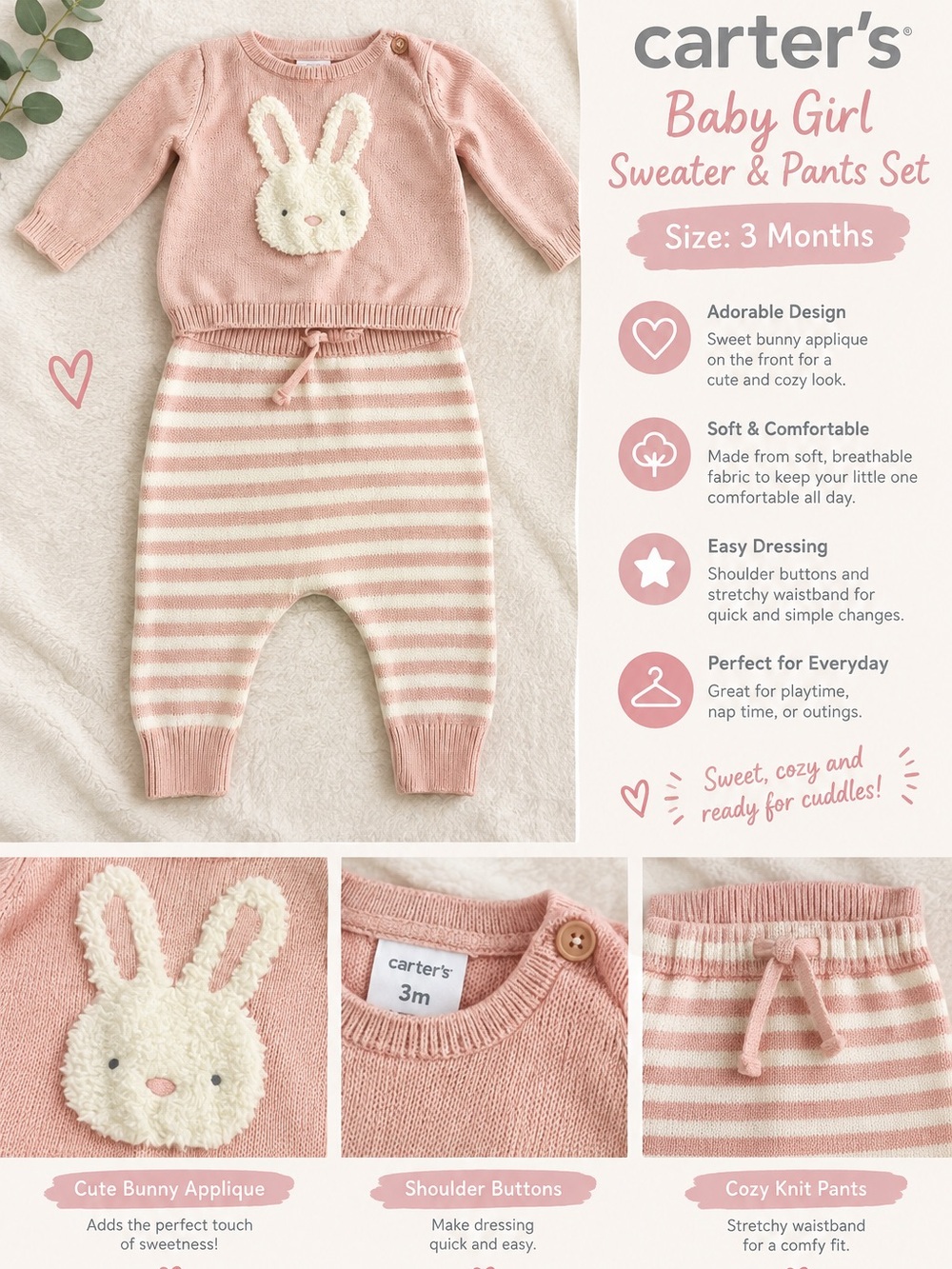 Carter's Pink Bunny Knit Sweater and Striped Pants Set